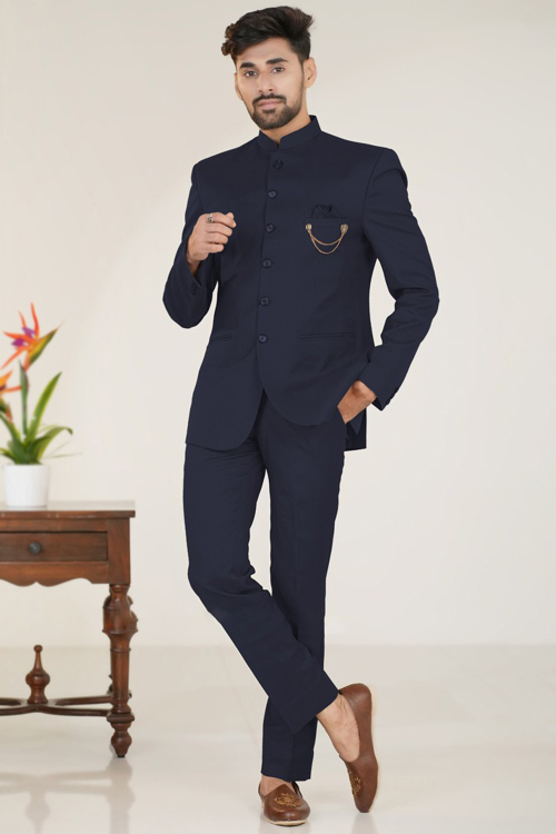 Navy Blue Silk Plain Jodhpuri Style Men's Coat Pant