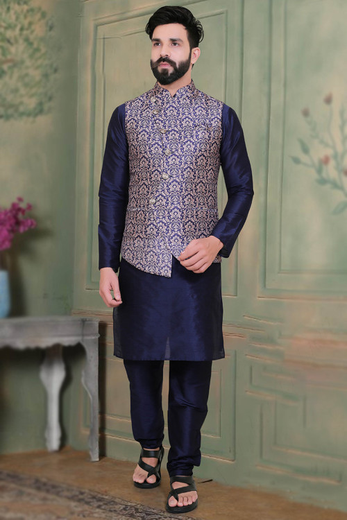 Assymetrical Men Kurta Pajama in Silk Navy Blue for Sangeet