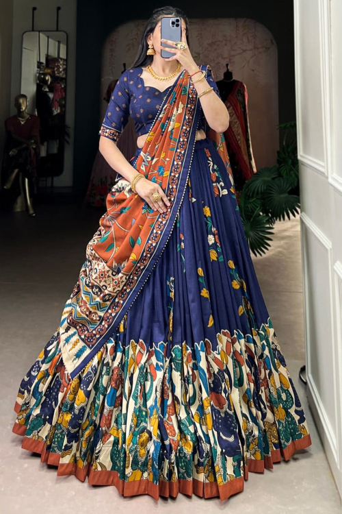 Navy Blue Silk Printed Flared Style Lehenga