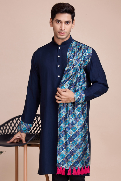 Navy Blue Silk Printed Straight Cut Men's Kurta