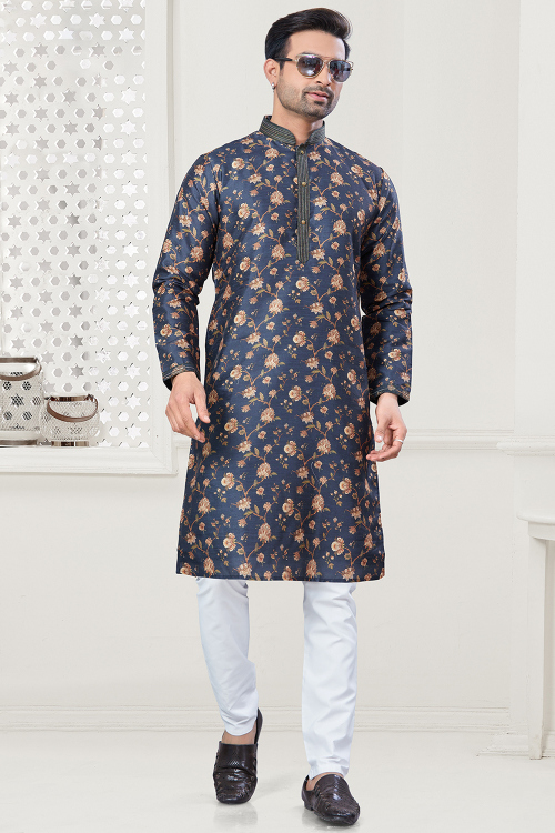 Navy Blue Silk Printed Straight Cut Men's Kurta Pajama 