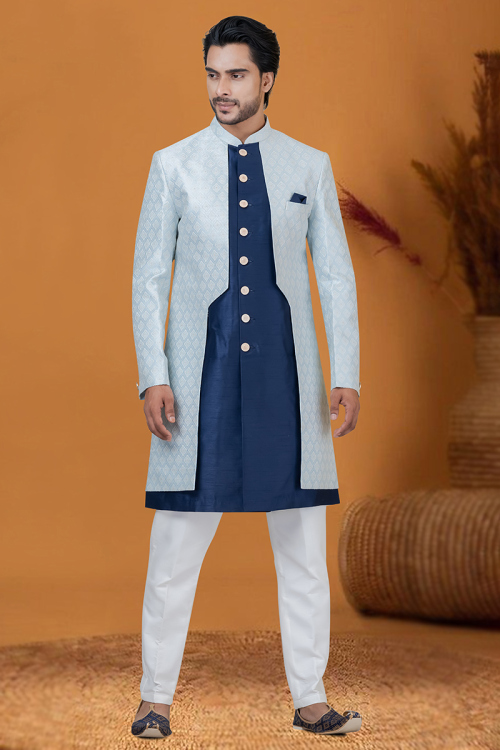 Navy Blue Silk Weaved Jacket Style Men's Sherwani