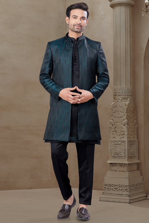 Navy Blue Silk Weaved Thread Jacket Style Men's Kurta Pajama