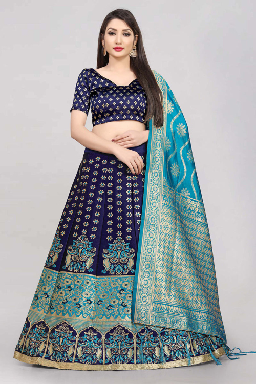 Navy Blue Frock Style Silk Lehenga for Party 