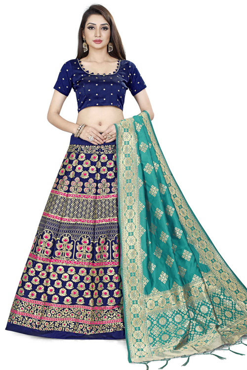 Navy Blue Banarasi Silk Silk Lehenga for Wedding 