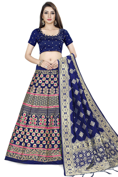 Weaved Thread Work Wedding Wear Lehenga in Navy Blue Silk