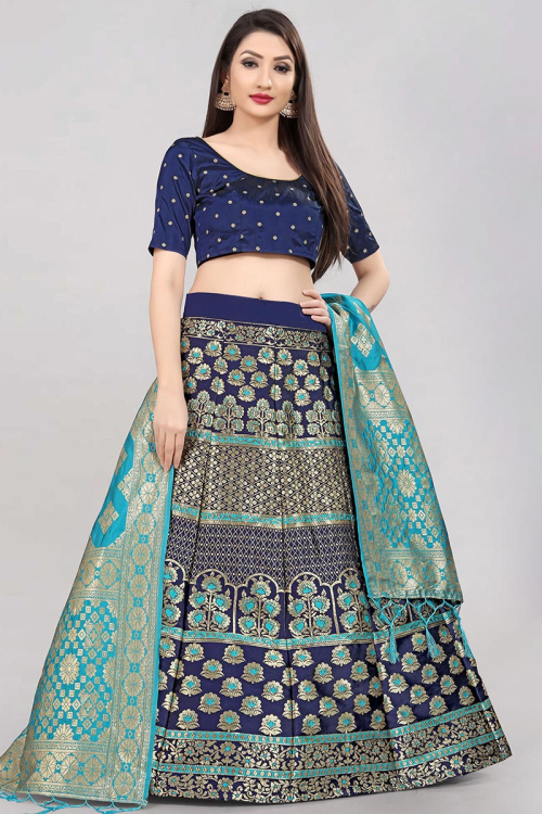 Party Wear Weaved Thread Embroidered Navy Blue Lehenga in Silk
