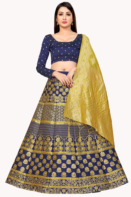 Party Wear Weaved Thread Embroidered Lehenga in Silk Navy Blue