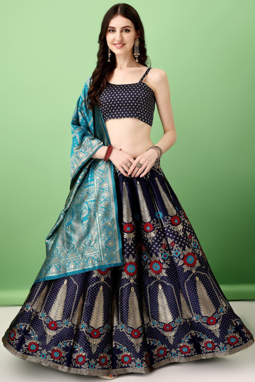 Navy Blue Silk Woven Zari Panelled Style Lehenga