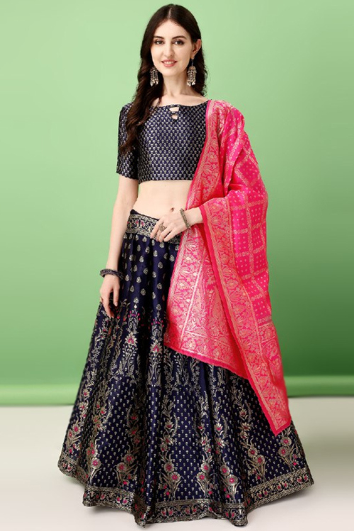 Navy Blue Silk Woven Zari Panelled Style Lehenga