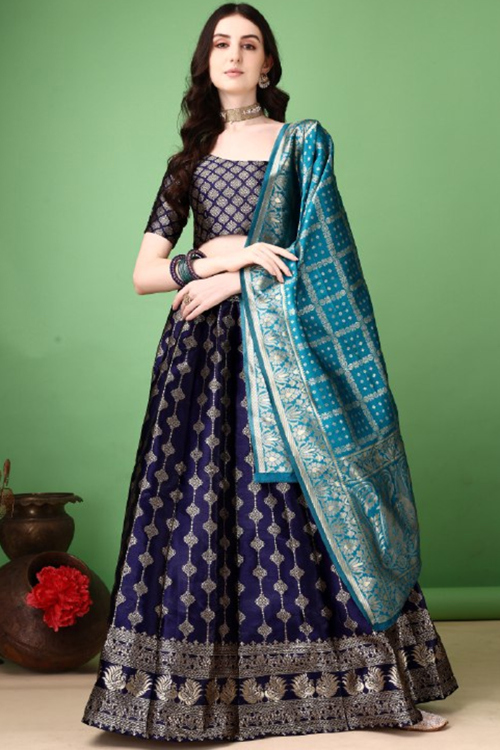 Navy Blue Silk Woven Zari Panelled Style Lehenga