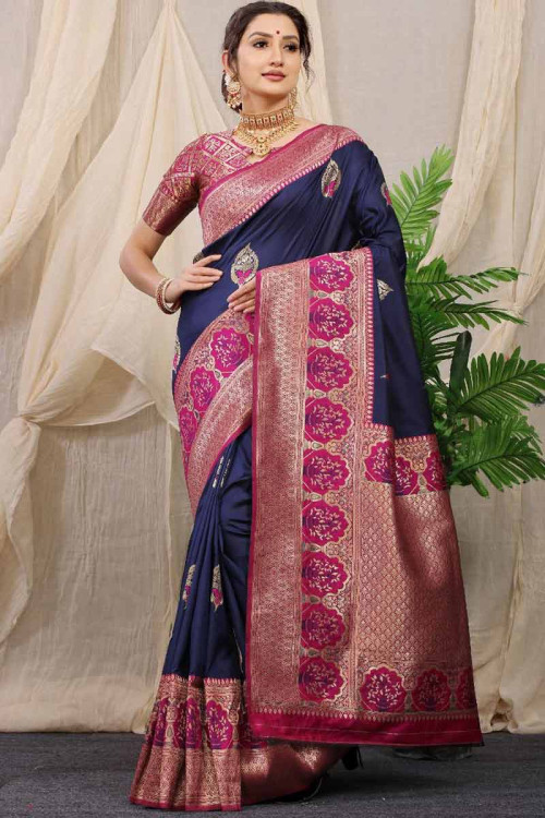 Navyblue Muga Silk Saree with Beautiful Meenakari Weaves highlighted with  Gold Zari - Mirra Clothing