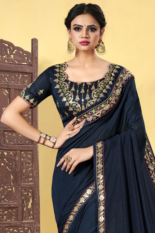 Ready-Made Online Navy Blue Soft Silk Saree With Embroidered Blouse ...