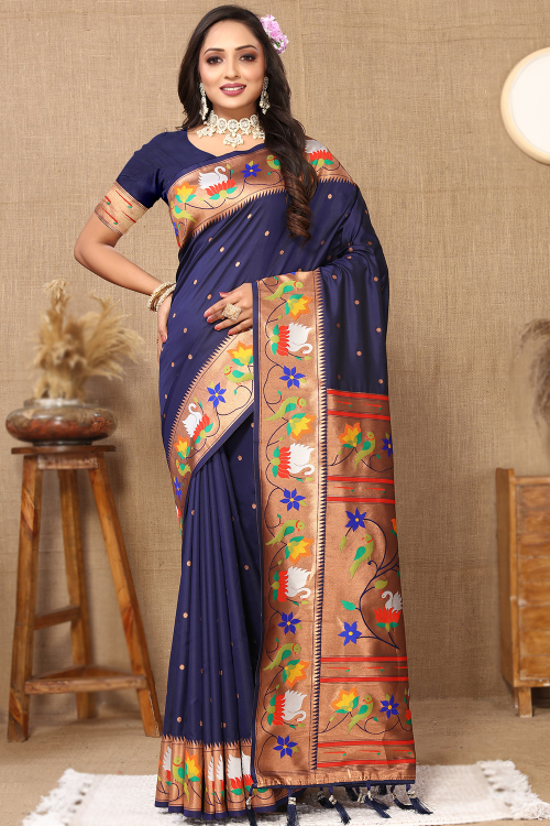 Navy Blue Soft Silk Paithani Saree With Weaved Work