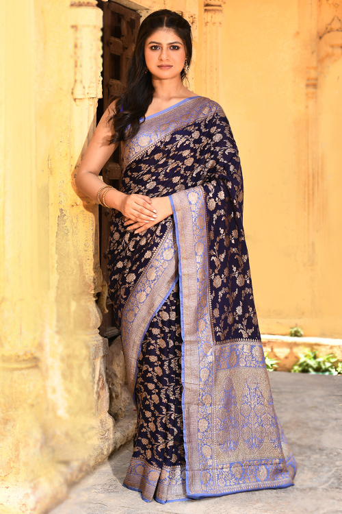 Navy Blue Soft Silk Woven Zari Broad Border Saree 