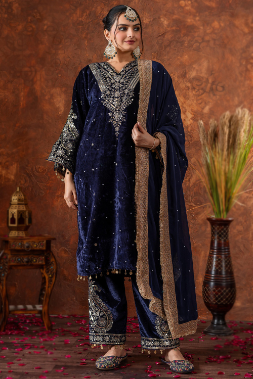 Navy Blue Straight Pant Velvet Suit With Zari Work