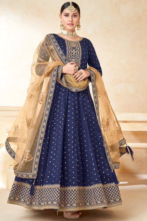 Navy Blue Taffeta Silk Bridal Anarkali Style Bridal Anarkali Salwar Suit
