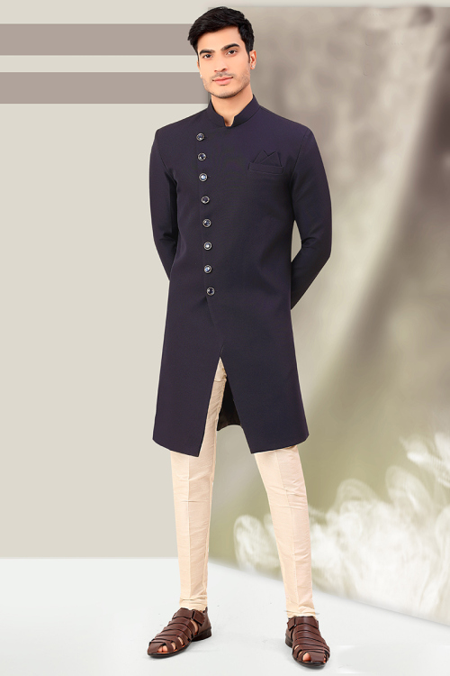 Navy Blue Terry Rayon Indo-Western Sherwani