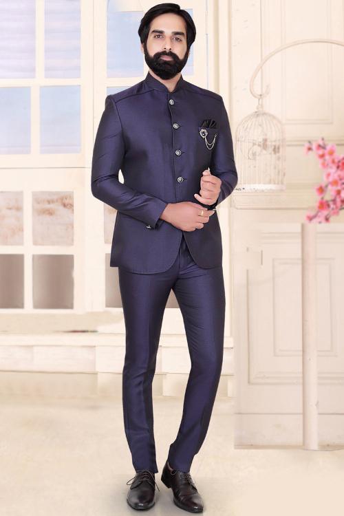 Terry Rayon Navy Blue Coat Pant with Classic Jodhpuri Fit