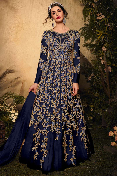 Navy Blue Thread Embroidered Anarkali Suit for Eid