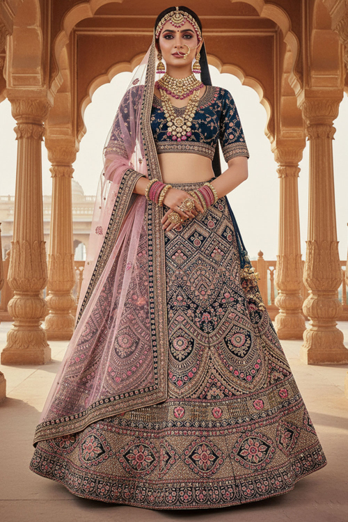 Navy Blue Velvet A Line Lehenga With Zari Work For Festival
