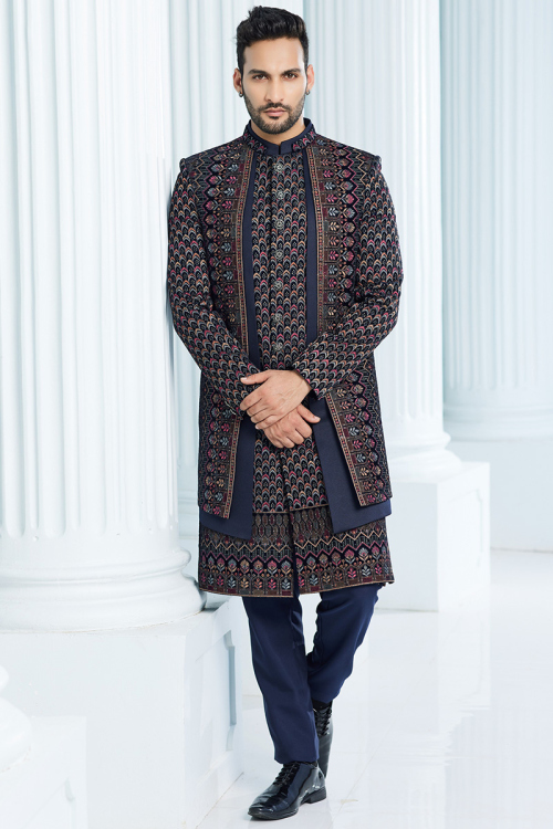 Navy Blue Velvet Embroidered Jacket Style Men's Sherwani 