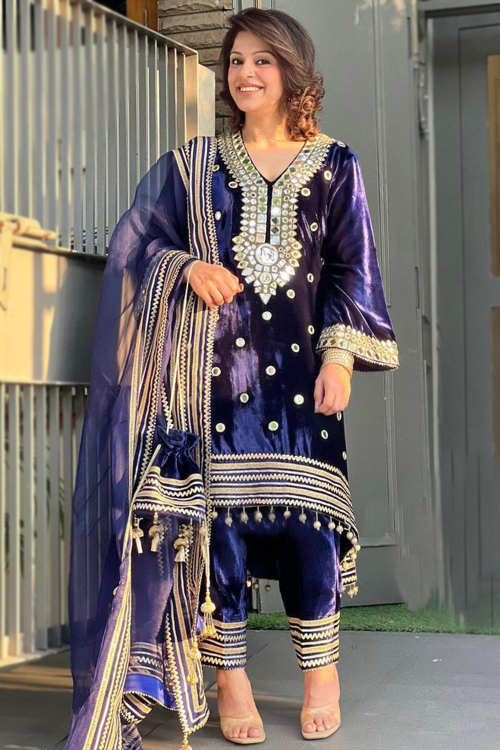 Navy Blue Velvet Lace Embroidered Trouser Suit