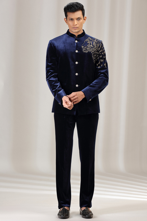 Navy Blue Velvet Jodhpuri Suit with Siroski Work for Wedding