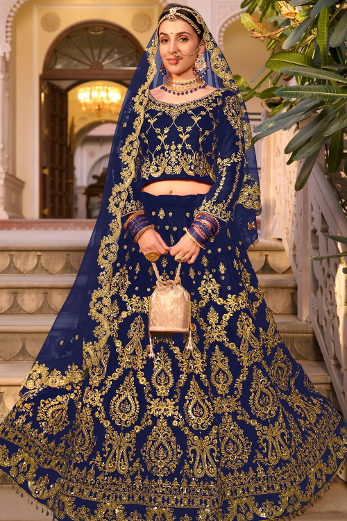 Navy Blue Velvet Lehenga with Mirror & Zari Embroidery 