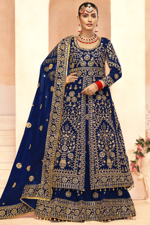 Navy Blue Velvet Lehenga With Sequins Work for Wedding Wear