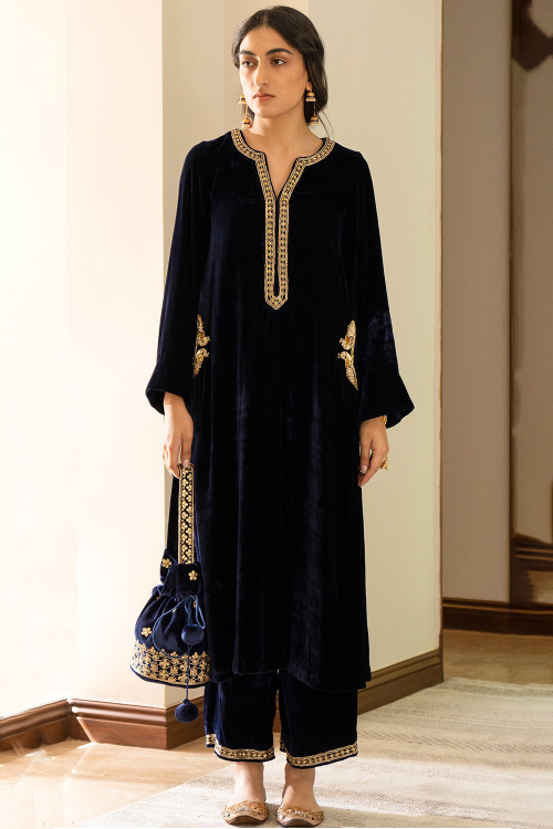 Navy Blue Velvet Sequins Embroidered Trouser Suit for Wedding Wear