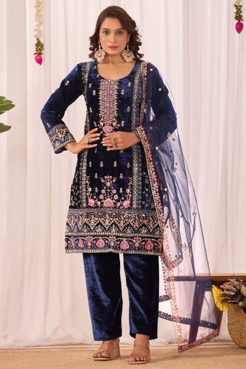 Navy Blue Velvet Sequins Embroidered Trouser Suit