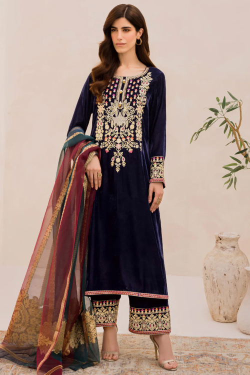Navy Blue Velvet Zari Embroidered Straight Pant Salwar Suit
