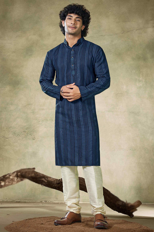 Navy Blue Viscose Embroidered Straight Cut Men's Kurta Pajama 