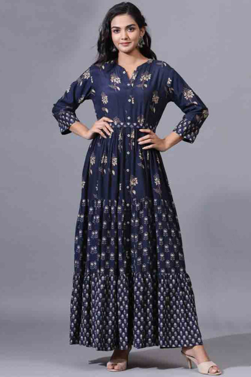Navy Blue Viscose Rayon Printed Gown