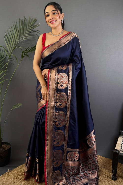 Navy Blue Weaved Art Silk Saree For Festive Wear
