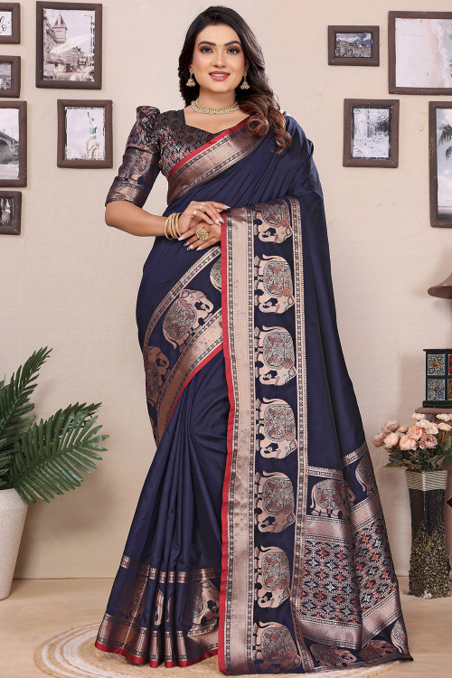 Navy Blue Weaved Art Silk Saree For Festive Wear