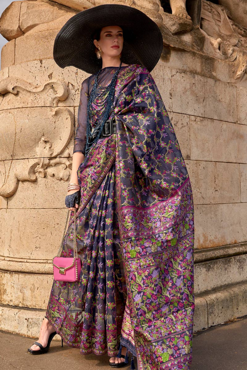 Navy Blue Weaved Broad Border Organza Saree For Sangeet 