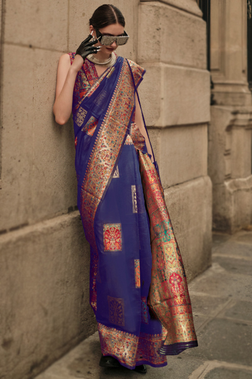 Navy Blue Weaved Kora Silk Broad Border Saree 