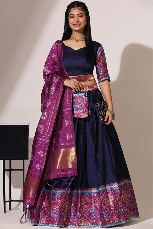Navy Blue Weaved Zari Casual Wear Flared Style Silk Lehenga 