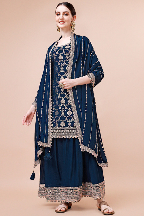 Navy Blue Weaved Zari Chanderi Silk Straight Cut Palazzo Suit 