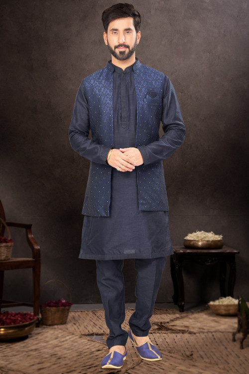 Navy Blue Weaved Zari Silk Jacket Style Men's Kurta Pajama 