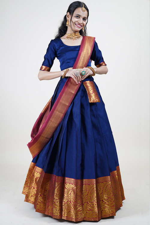 Navy Blue Weaved Zari Silk South Indian Style Lehenga