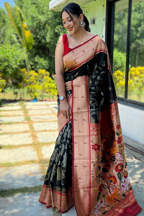 Navy Blue Weaved Zari Traditional Paithani Silk Saree 