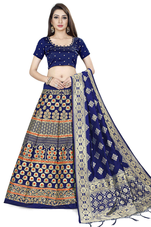 Navy Blue Woven Zari Banarasi Silk Lehenga