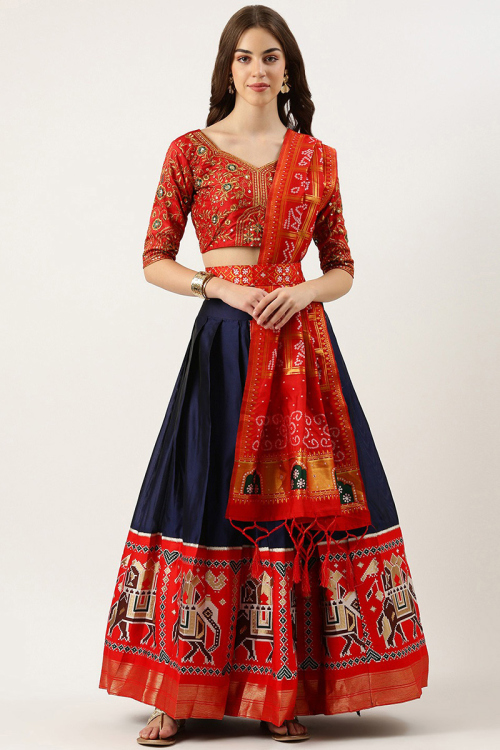 Navy Blue Woven Zari Silk Patola Style Pleated Lehenga 