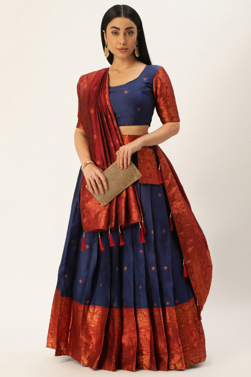 Navy Blue Woven Zari Silk Pleated Lehenga
