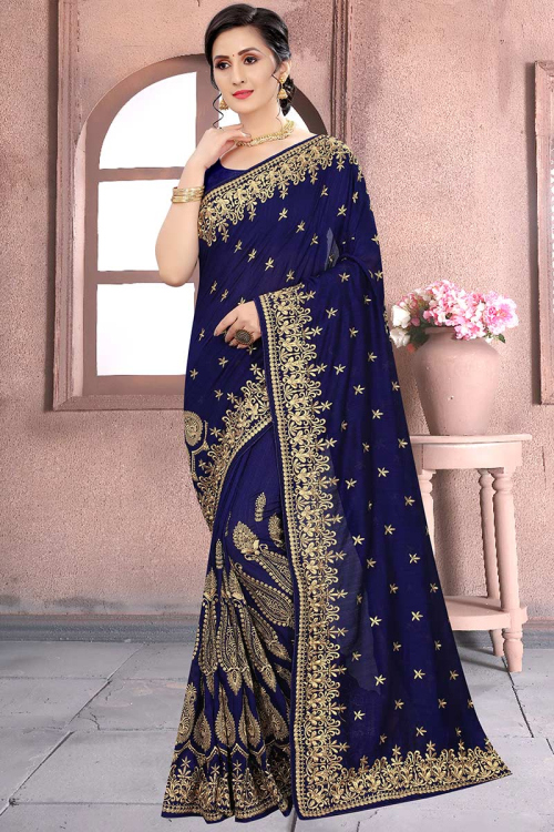 Navy Blue Zari Embroidered Art Silk Saree