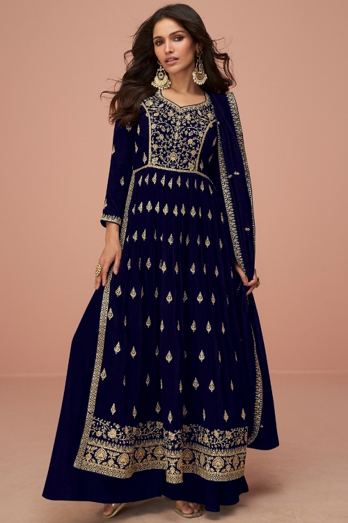 Navy Blue Zari Embroidered Palazzo Suit For Sangeet 