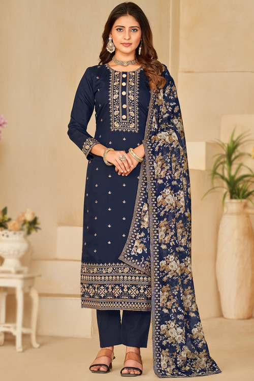 Navy Blue Zari Embroidered Silk Trouser Suit For Sangeet 